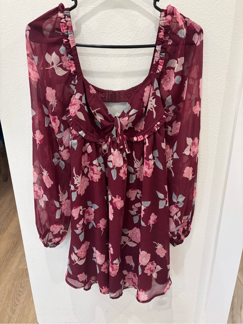 Hollister Burgundy Floral Tie-Front Sheer Tunic